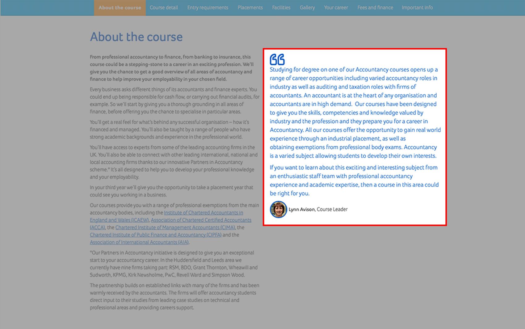 A screenshot for the About the course area on course-finder with the quote/endorsement area highlighted.