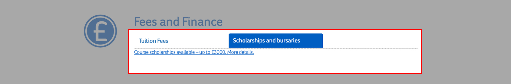 A screenshot of the coursefinder application with the Scholarships and bursaries tab area highlighted.