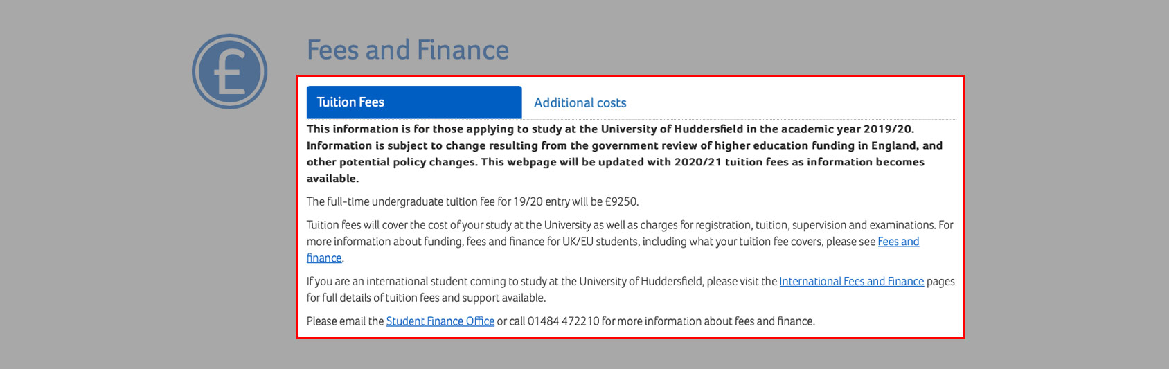 A screenshot of the CourseFinder application with the Tuition fee info tab highlighted.