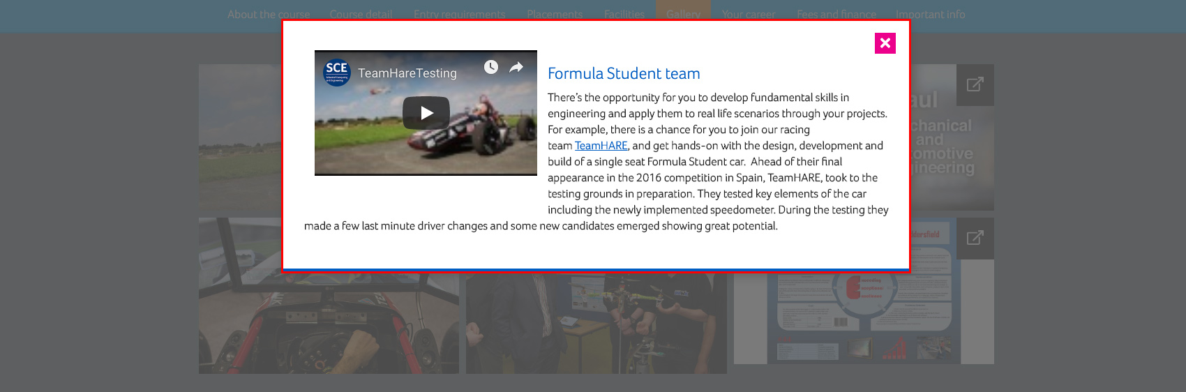 A screenshot of the coursefinder application with the gallery video modal highlighted.
