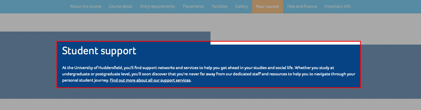 A screenshot of the coursefinder application with the text area of the student support section highlighted.