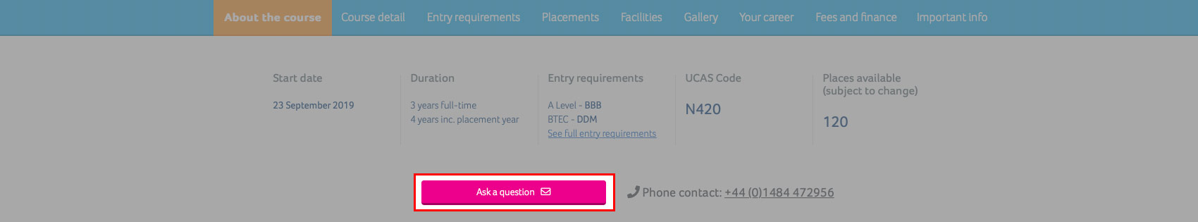 A screenshot of the course finder application with the Ask a question area highlighted.