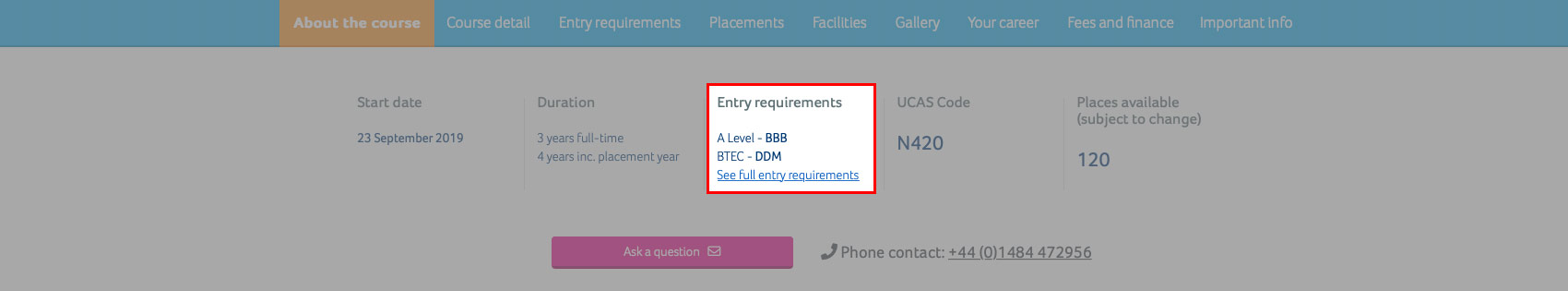 A screenshot of the course finder application with the Entry requirements area highlighted.