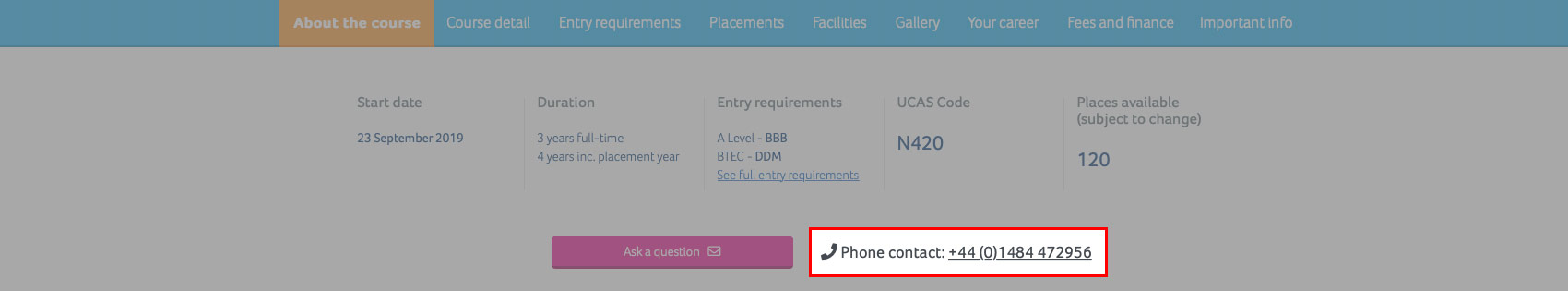A screenshot of the course finder application with the Phone contact area highlighted.