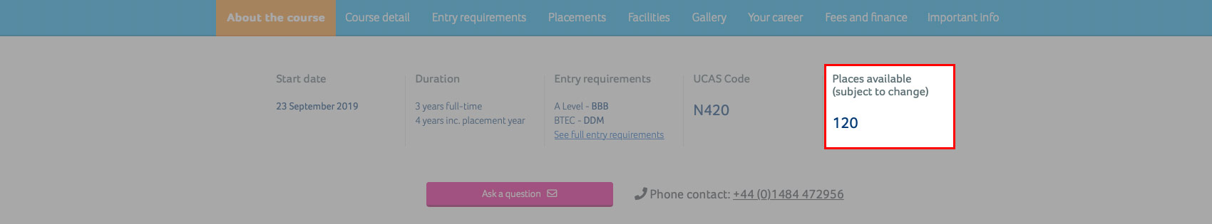 A screenshot of the course finder application with the places available area highlighted.