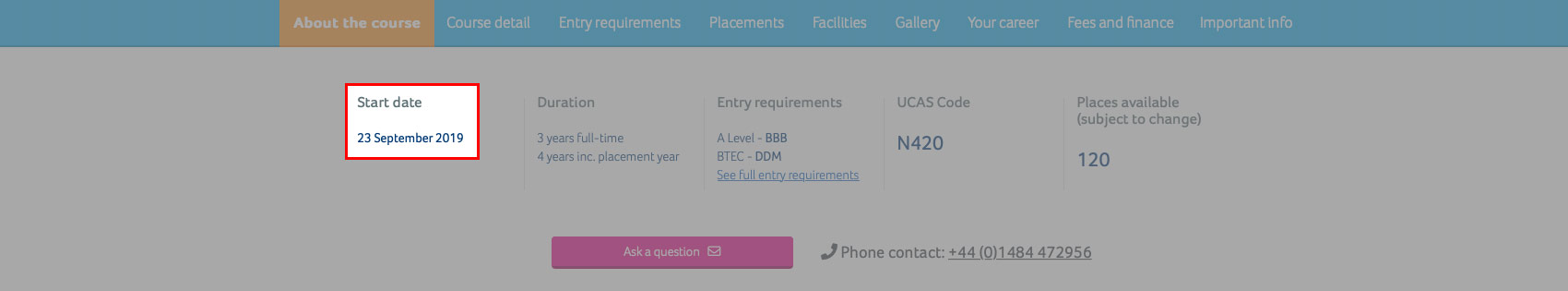 A screenshot of the course finder application with the start date area highlighted.