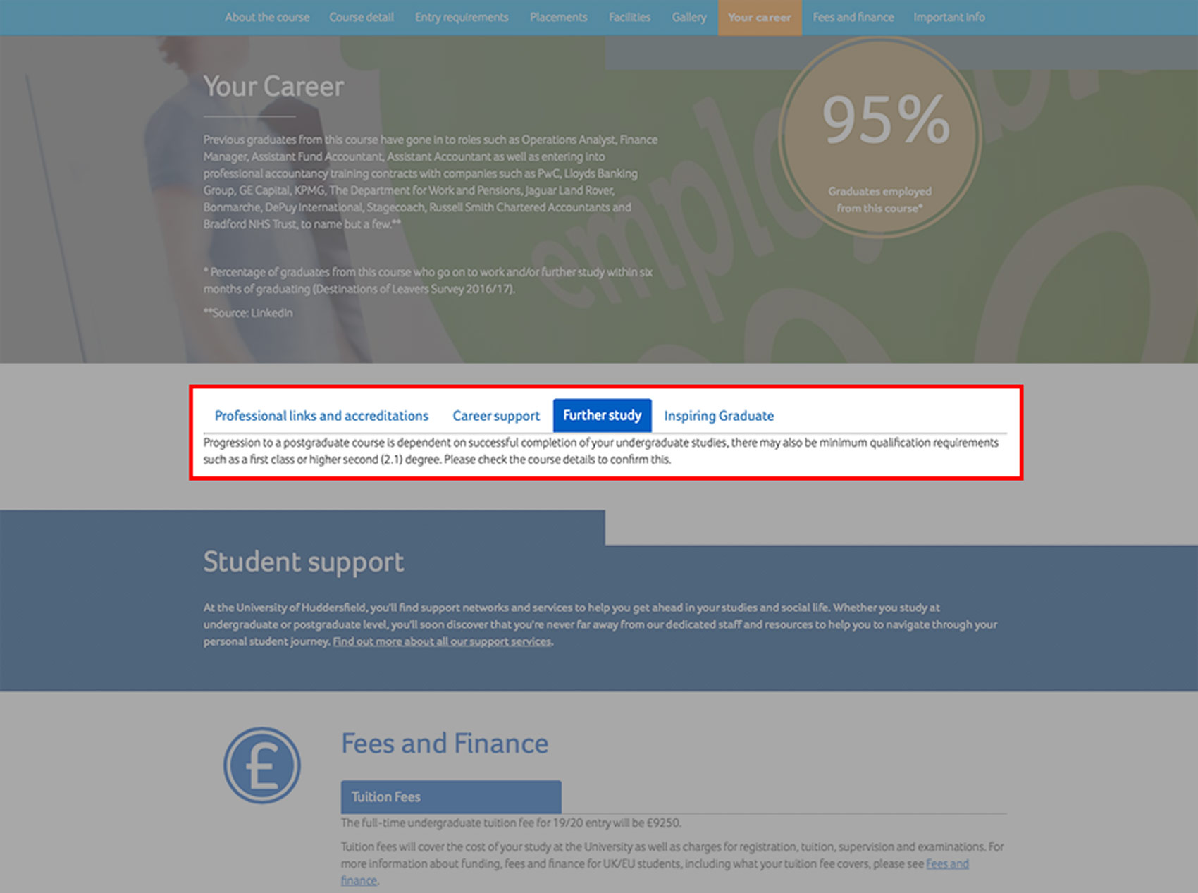 A screenshot of the coursefinder application with the further study tab highlighted.