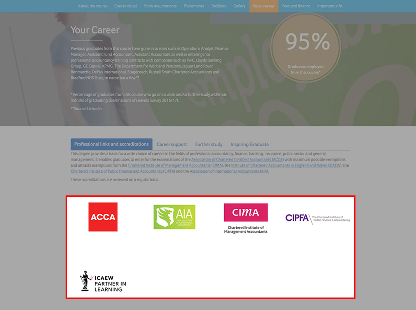 A screenshot of the coursefinder application with the professional links and accreditations tab highlighted