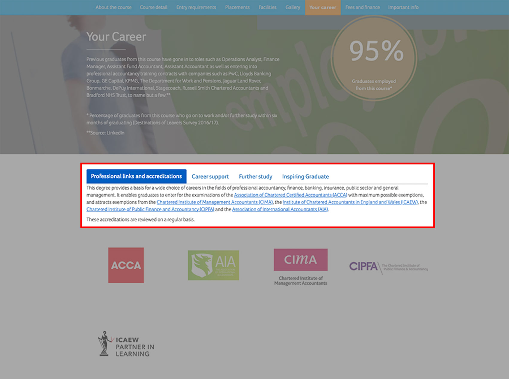 A screenshot of the coursefinder application with the professional links and accreditations tab text highlighted.