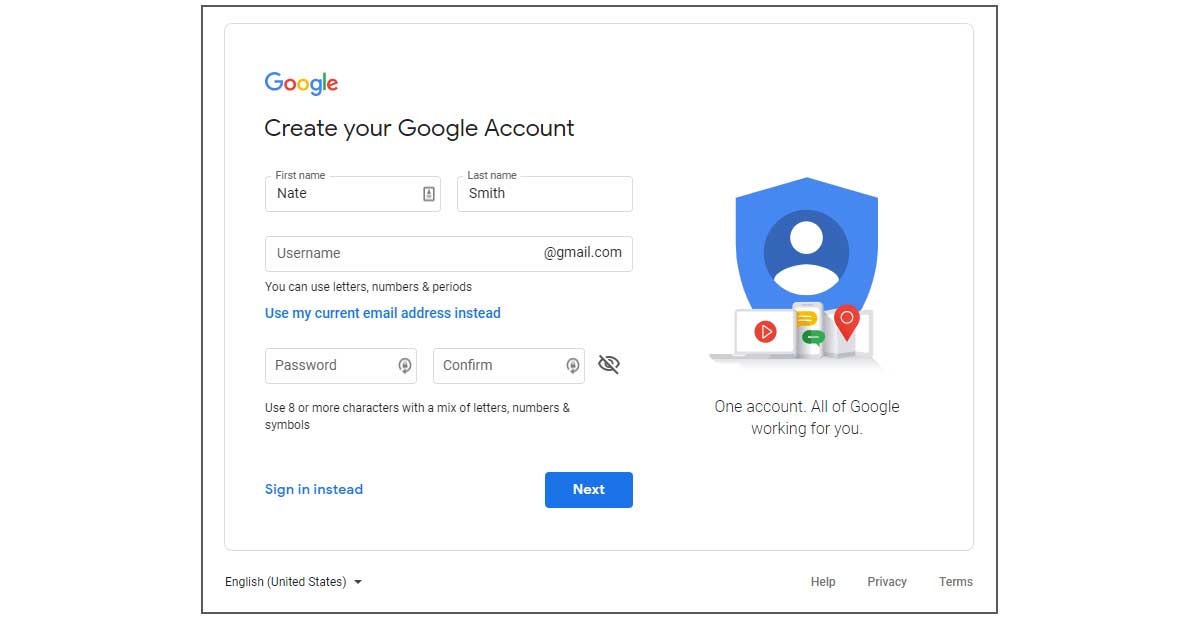 Form to sign up for a Google Account