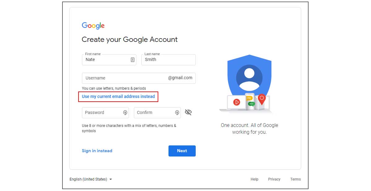 Picture of the form for creating a Google Account with the use own email highlighted